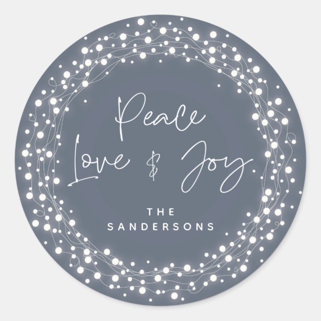 Blue Peace Love+Joy Sparkling Lights Christmas Classic Round Sticker (Front)