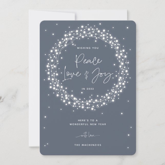 Blue Peace Love+Joy Sparkling Lights Christmas Holiday Card (Front)