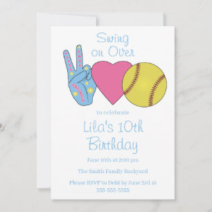 Blue Peace Love Softball Birthday Party Invitation