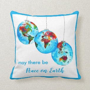 Blue Peace on Earth Watercolor Holiday Gift Cushion