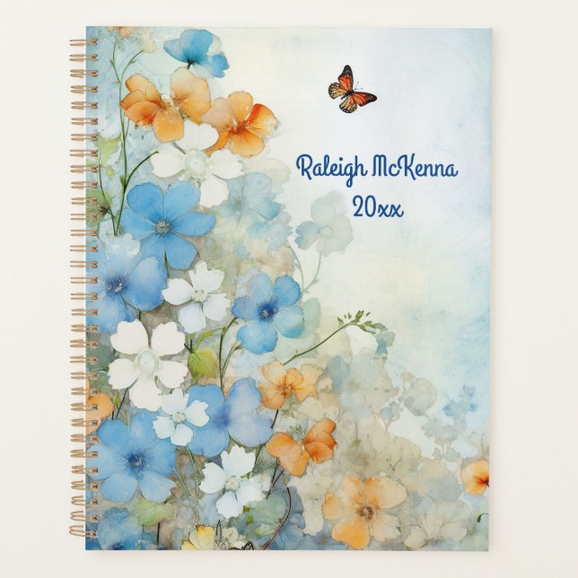 Blue, Peach, and White Wildflowers Watercolor Planner (Front)