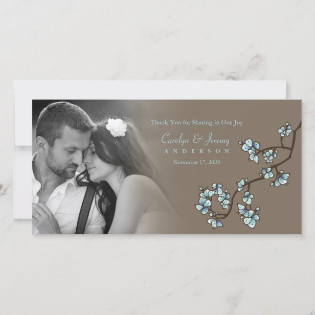 Blue Peach Blossom Flowers Asian Wedding Photo Thank You Card (Front)