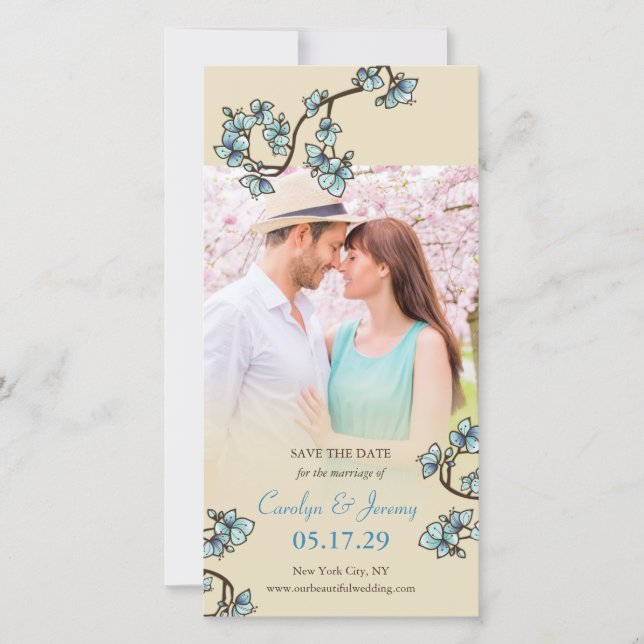Blue Peach Blossoms Asian Save The Date Photo Card (Front)
