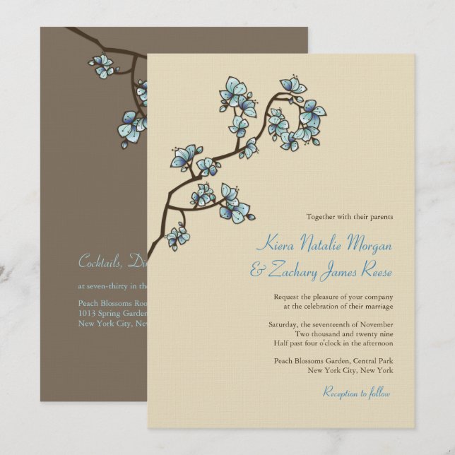 Blue Peach Blossoms Sakura Asian Wedding Invite (Front/Back)