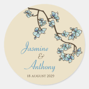 Blue Peach Blossoms Sakura Modern Asian Wedding Classic Round Sticker