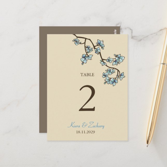 Blue Peach Blossoms Wedding Table Number Card (Front/Back In Situ)