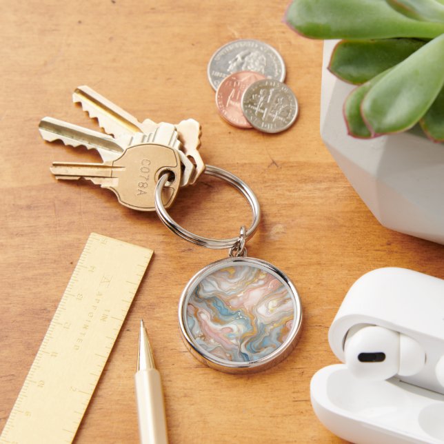 Blue Peach Blush Pink White Gold Marble Pattern Key Ring (Desk)