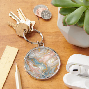 Blue Peach Blush Pink White Gold Marble Pattern Key Ring