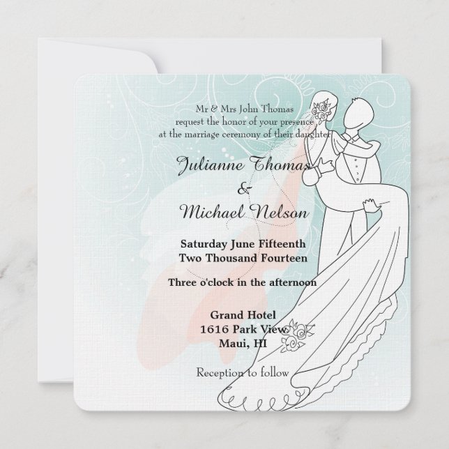 Blue Peach Bride and Groom Wedding Invitation (Front)