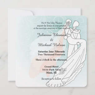 Blue Peach Bride and Groom Wedding Invitation