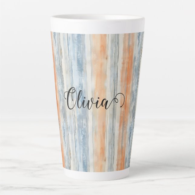 Blue Peach Cream Stripes Personalised Latte Mug (Front)