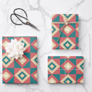 Blue Peach Diamond Geometric Wrapping Paper Sheet