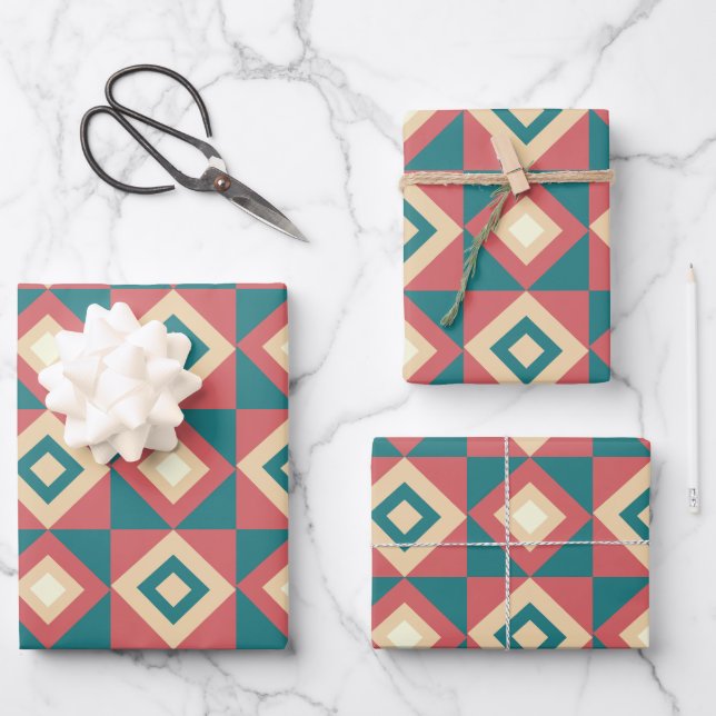 Blue Peach Diamond Geometric  Wrapping Paper Sheet (Front)