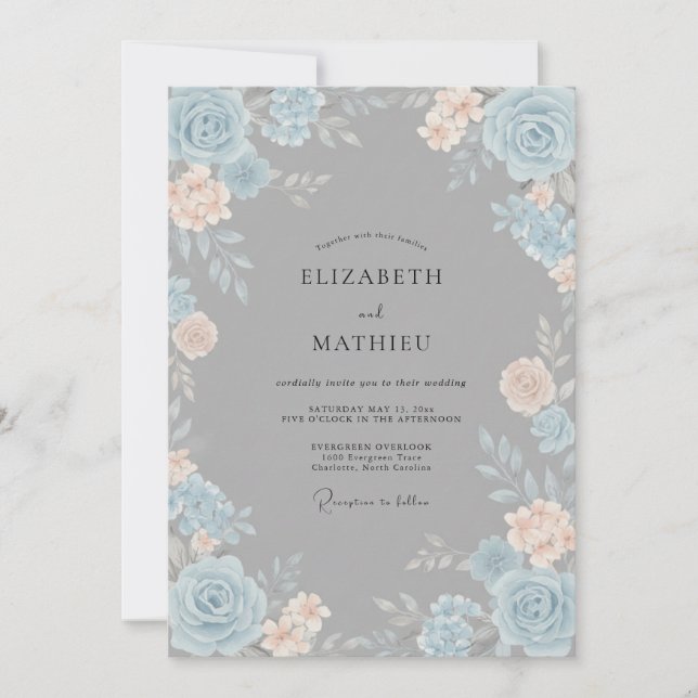 Blue Peach Ethereal Bloom Wedding Invitation (Front)