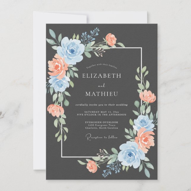 Blue Peach Floral Flourish Wedding Invitation (Front)