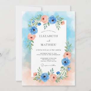 Blue Peach Floral Romance Wedding Invitation