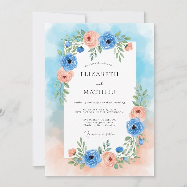 Blue Peach Floral Romance Wedding Invitation (Front)