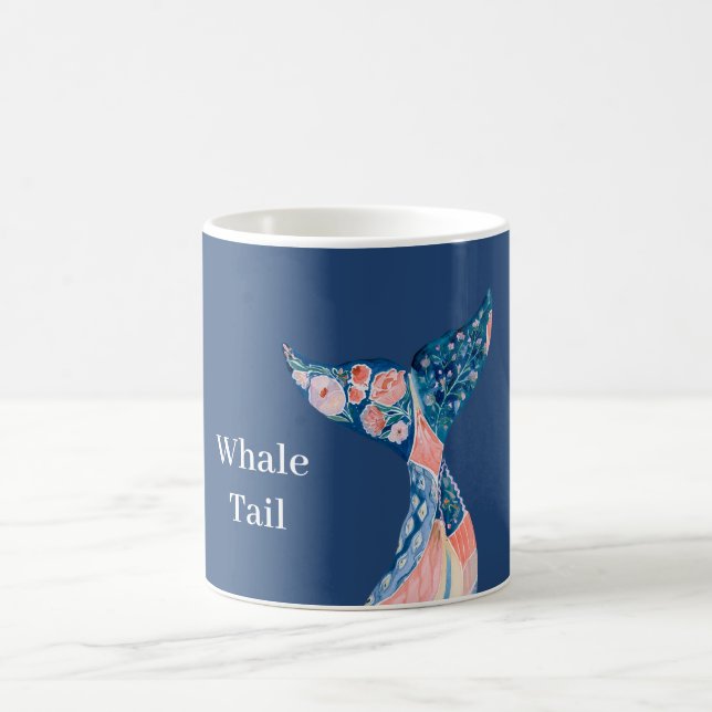 Blue Peach Floral Whale Tail Coffee Mug (Center)