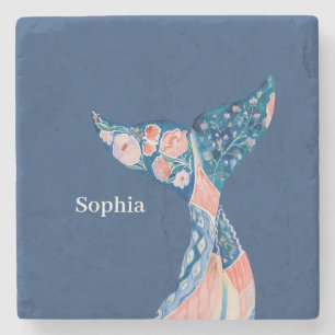 Blue Peach Floral Whale Tail Stone Coaster