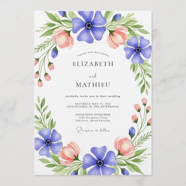 Blue & Peach Floral Whimsy Wedding Invitation (Front)