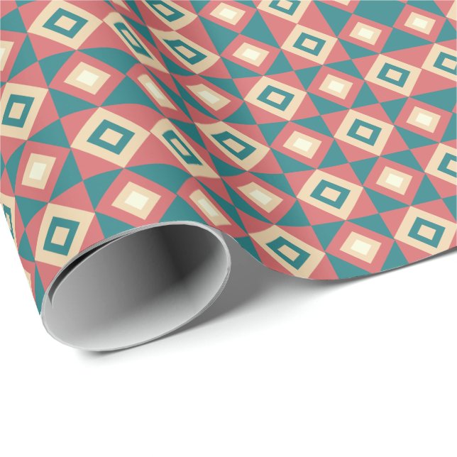 Blue Peach Geometric Diamond Pattern Wrapping Paper (Roll Corner)