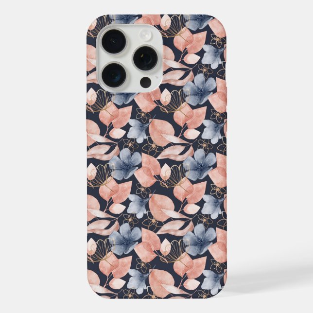 Blue, Peach & Gold Florals Stylish Botanical Art iPhone Case (Back)