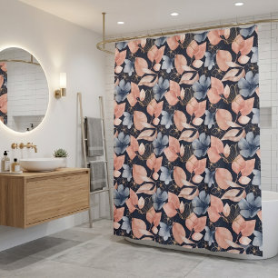 Blue, Peach & Gold Florals Stylish Botanical Art Shower Curtain