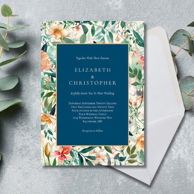 Blue Peach Green Floral Watercolor Elegant Wedding Invitation (Blue Peach Green Floral Watercolor Elegant Modern Wedding Invitation)
