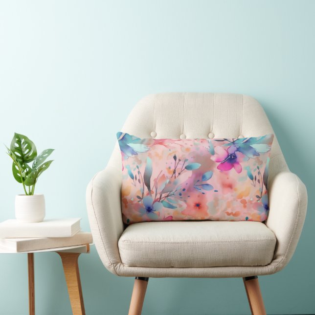 Blue, Peach & Pink Abstract Floral Lumbar Cushion (Chair)