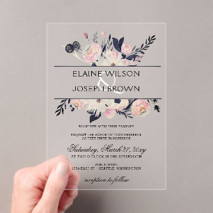 Blue & Peach Pink Floral Spring Wedding Invitation