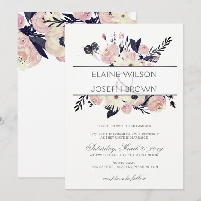 Blue & Peach Pink Floral Spring Wedding Invitation (Front/Back)