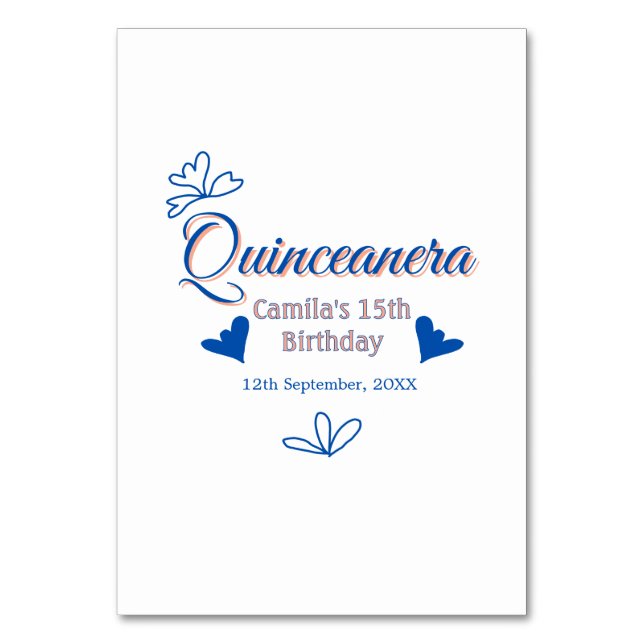 Blue peach quinceanera 15th birthday rustic mexica table number (Front)