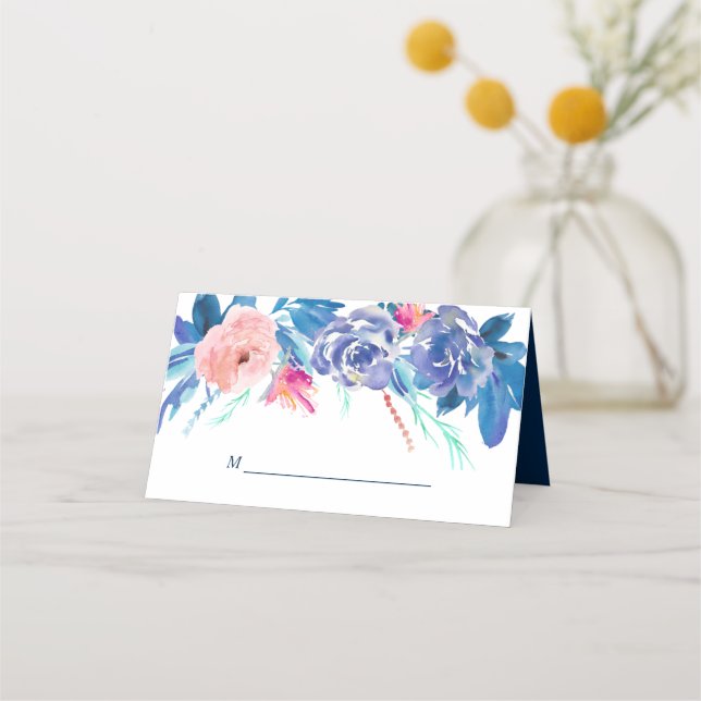 Blue Peach Roses Bouquet Wedding Place Card (Front)
