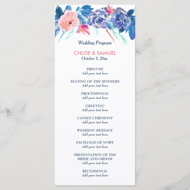 Blue Peach Roses Bouquet Wedding Program Programme (Front)
