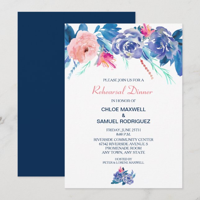 Blue Peach Roses Bouquet Wedding Rehearsal Dinner Invitation (Front/Back)