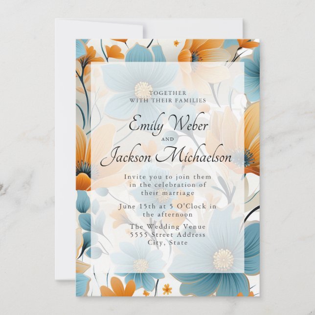 Blue Peach Watercolor Floral Wedding  Invitation (Front)