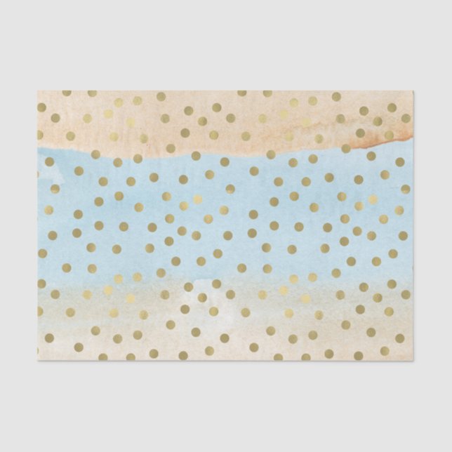 Blue Peach Watercolor Gold Confetti Dots Stripes Tissue Paper (Front)