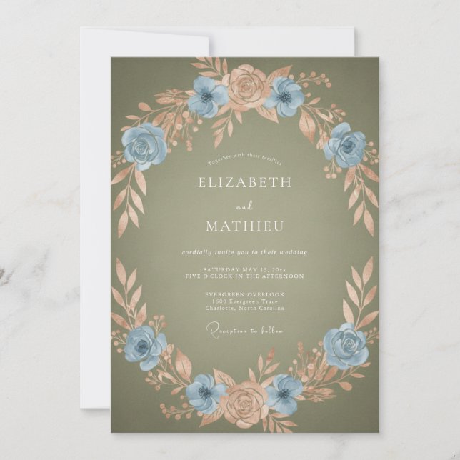 Blue Peach Wreath Romance Wedding Invitation (Front)