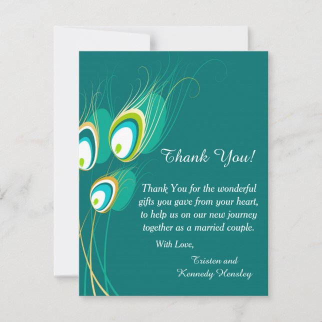 Blue Peacock 4x5 Flat Wedding Thank You Card (Front)