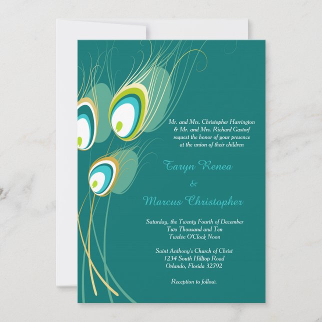Blue Peacock 5x7 Wedding Invitation (Front)
