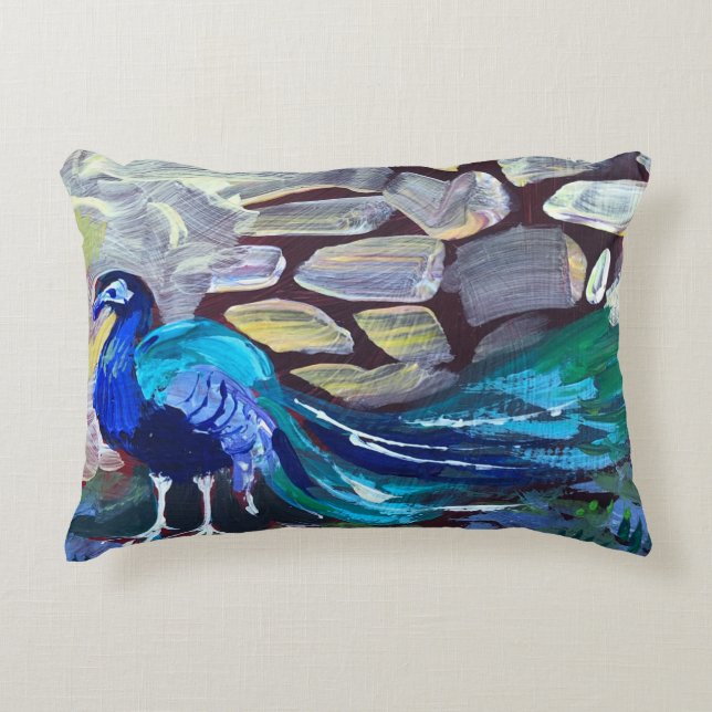 blue peacock, acrylic painting decorative cushion (Front)
