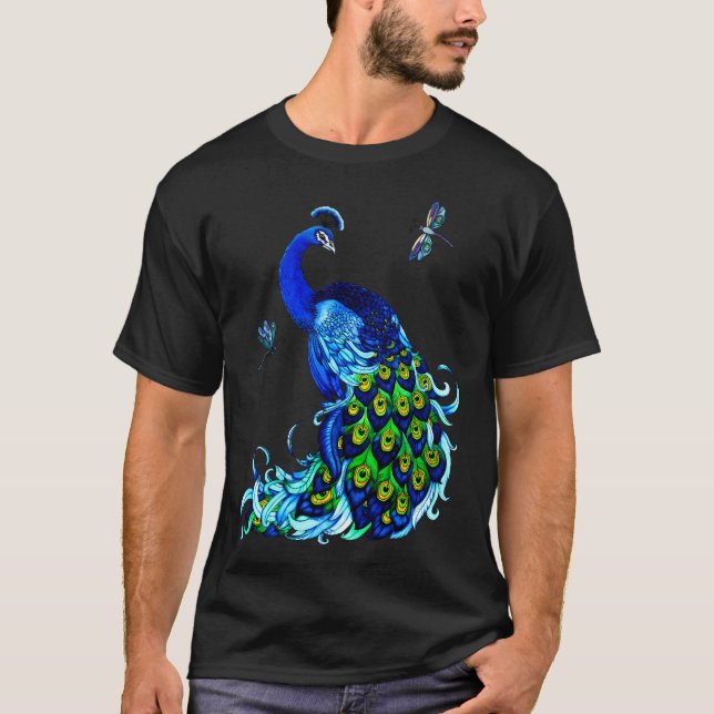 Blue Peacock And Dragonflies T-Shirt (Front)