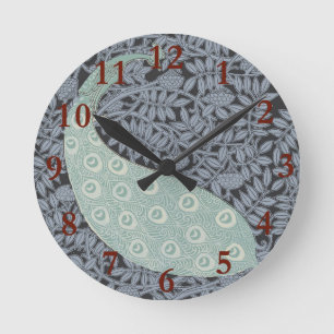 Blue Peacock Art Nouveau Lace Pattern Round Clock