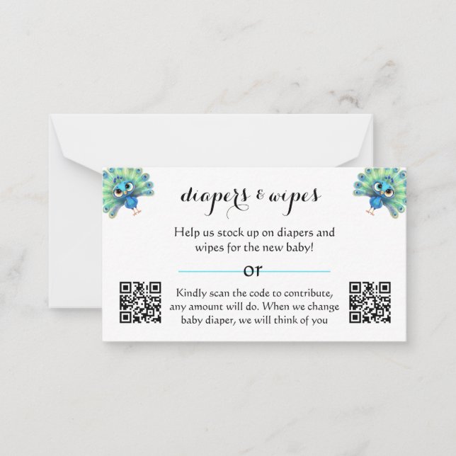 Blue Peacock Baby Shower Diaper Wipe Card (Front)
