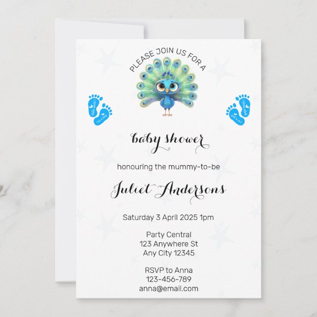 Blue Peacock Baby Shower Invitation (Front)