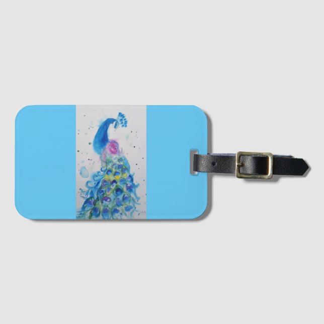 Blue Peacock Bird Watercolour Luggage Tag (Front Horizontal)