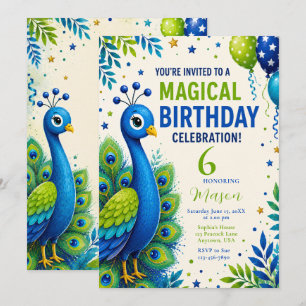 Blue Peacock Boys Birthday Party Invitation