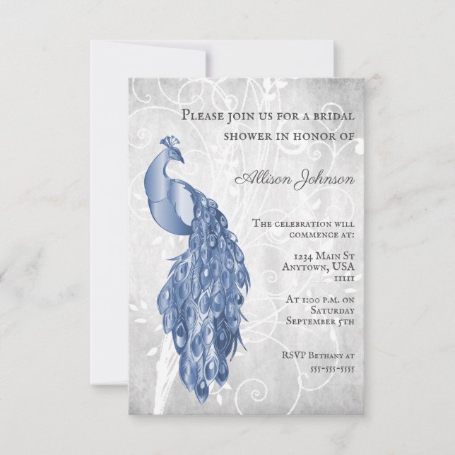 Blue Peacock Bridal Shower Invitation (Front)