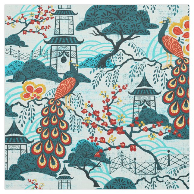 Blue Peacock Chinoiserie Fabric (Swatch)