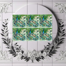 Blue Peacock Couple Green Golden Feathers Motif  Tile